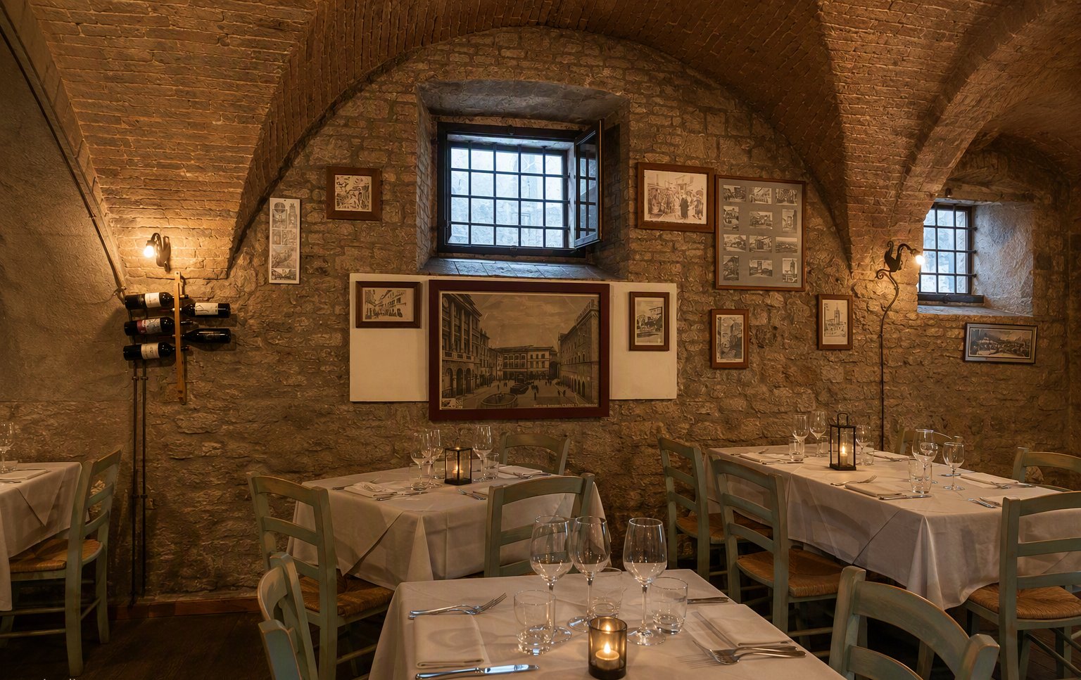 La sala con la volta in laterizio e la finestrella in pietra